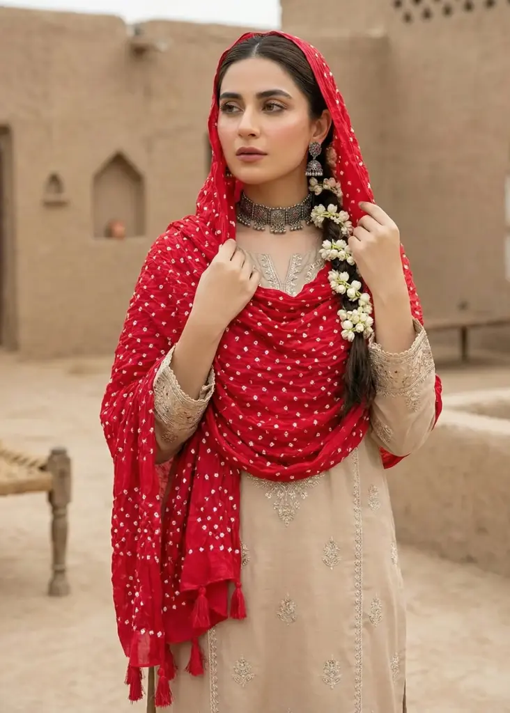 Red Hand-knotted Chunri Stole Pure Lawn Fabric