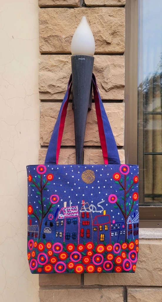 Magical Midnight Cityscape Embroidered Tote Bag, Glowing Windows, Blooming Flowers – Pakistan | Limited Edition & Spacious