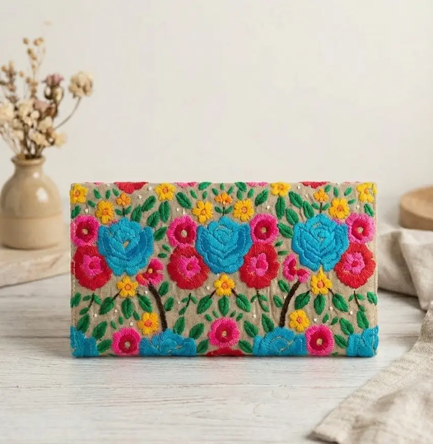 Golden Beige Wallet with Hand Embroidery – Limited Edition Compact Wallet for Cash, Cards & Phone