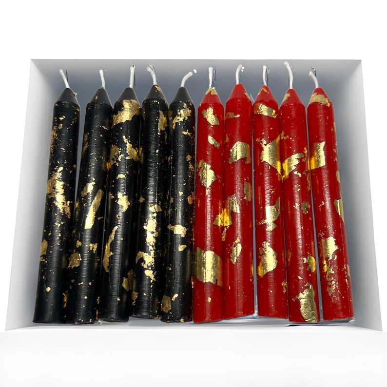 Red & Black set of 10 Candles decorated with gold foil - perfect candles for Mehndi weddings or party decoration