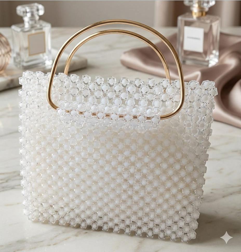 White Beaded Bag with Golden Metal Handles & Detachable Chain