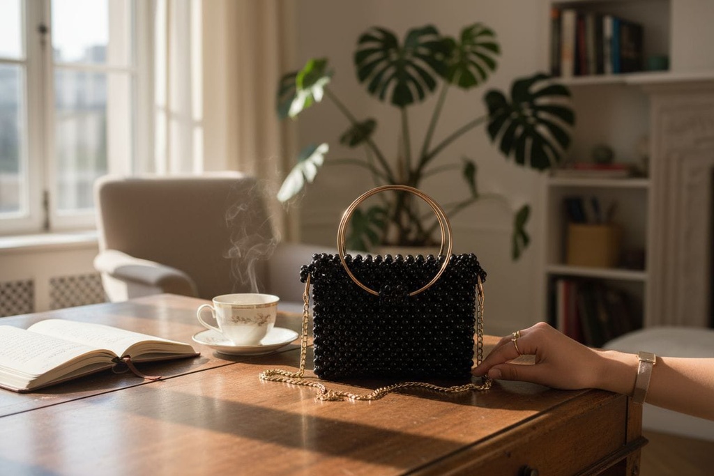 Noir Elegance Circle-Handle Bag