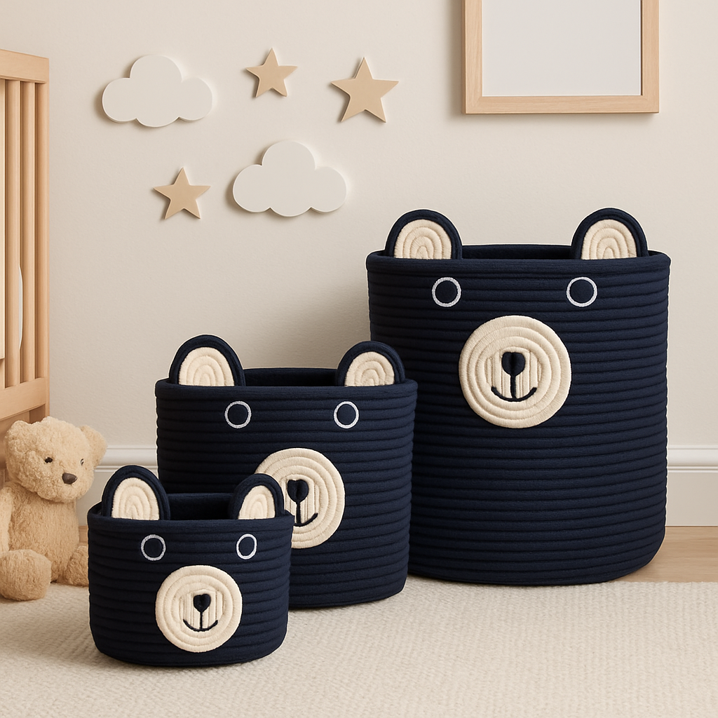 Set of 3 Black Bear Basket Cotton Rope Toy basket