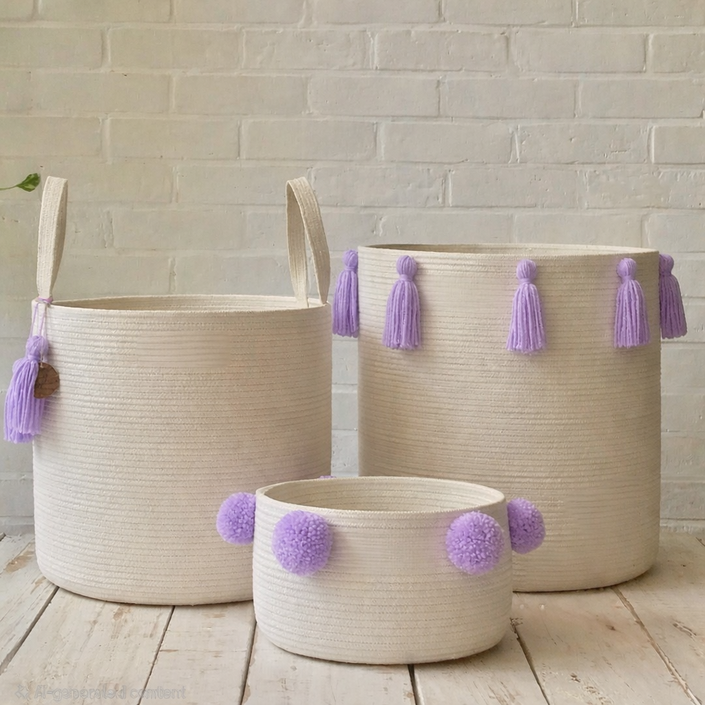 Set of 3 – Nursery Organizer Storage Baskets with Tassels