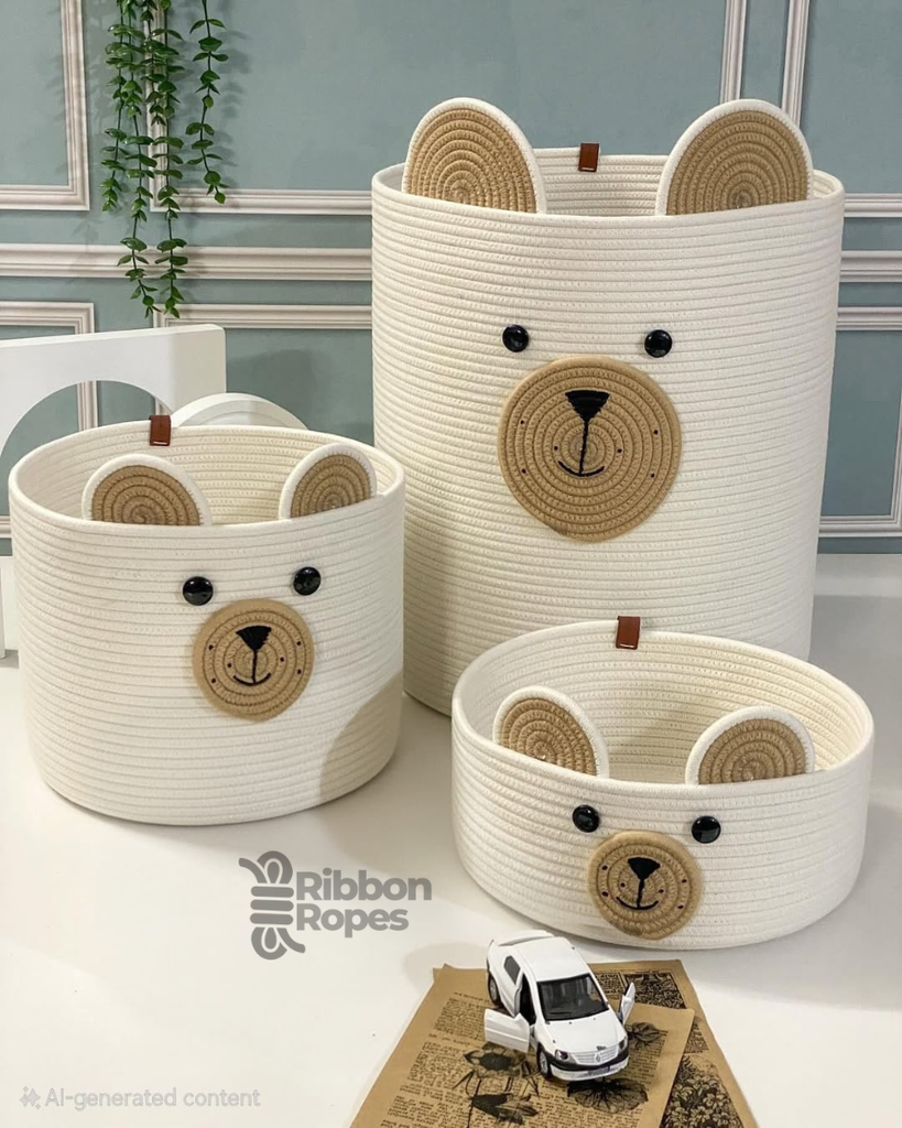 Set of 3 Bear Basket Cotton Rope Toy basket