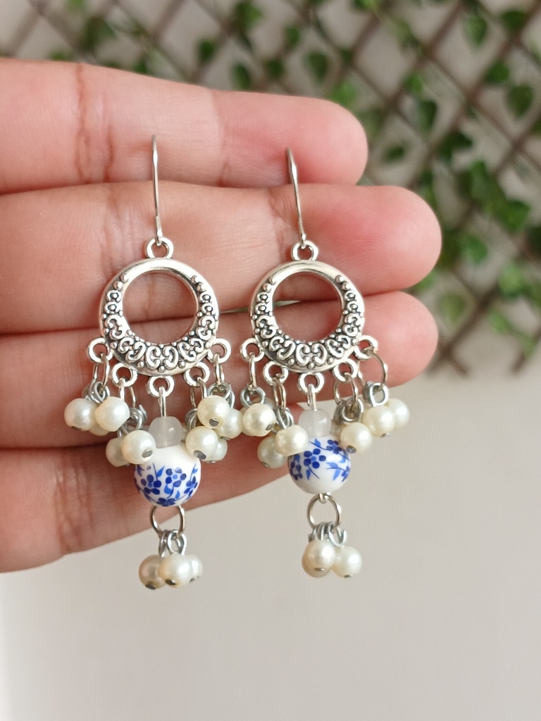 Blue poultry style ceramic beads earrings