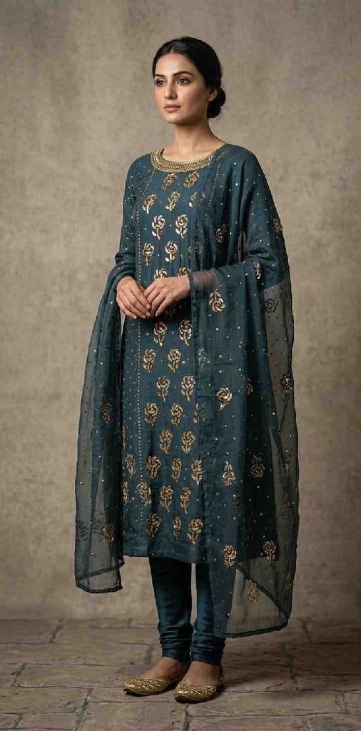 Teal Blue Organza Mukesh Suit Set | Niddleart