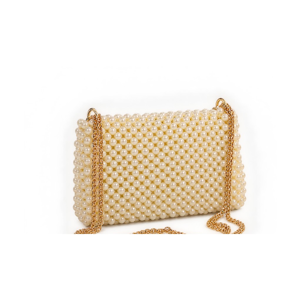 Handmade Pearl Beaded Crossbody Bag with Gold Chain Strap