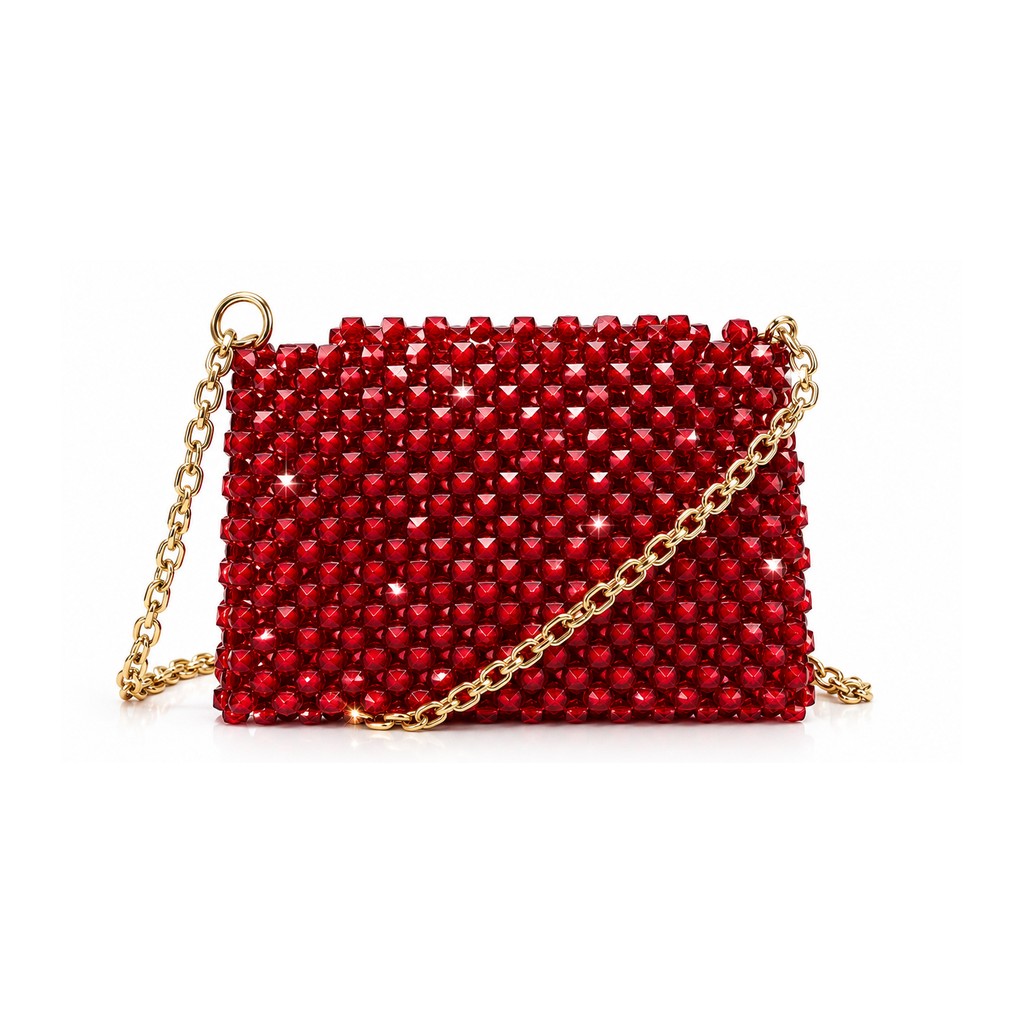 Red Crystal Beaded Clutch Bag with Gold Chain Strap