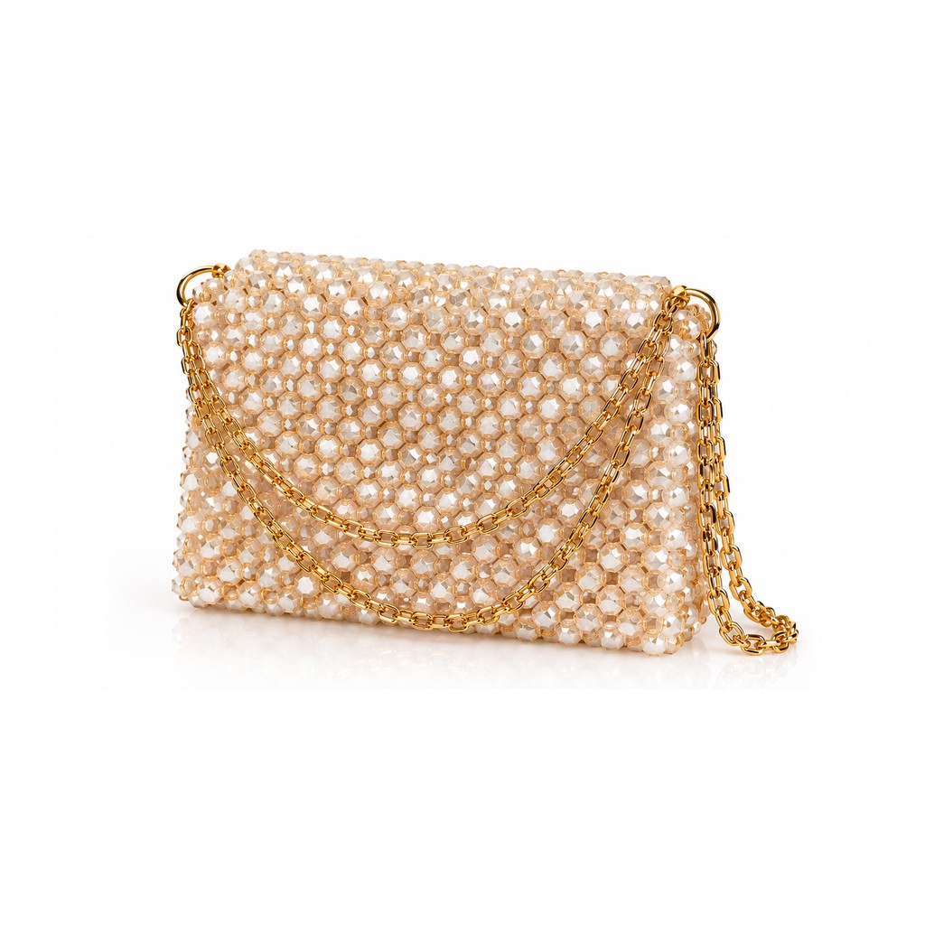 Golden Beaded Shoulder Bag with Double Chain Strap