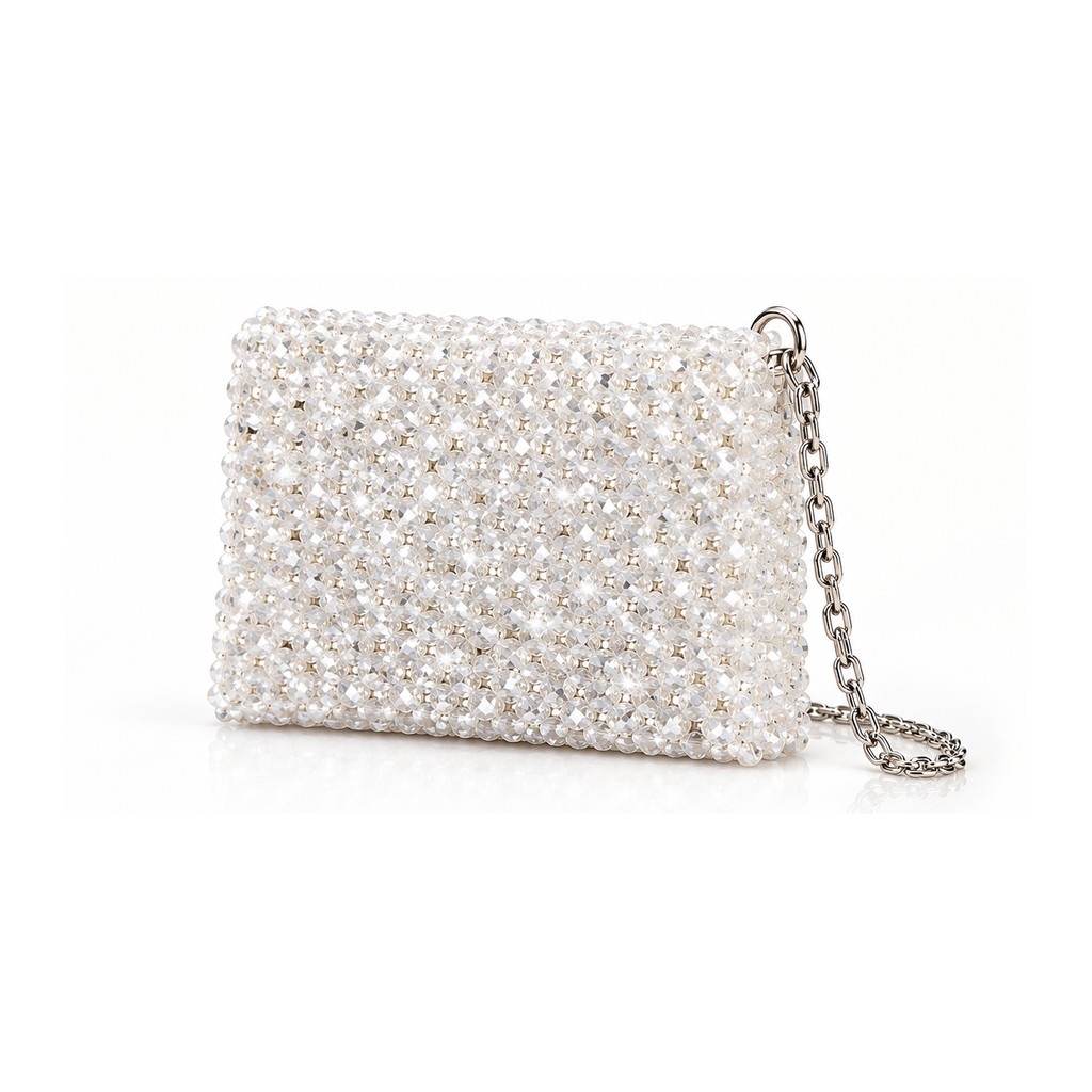 White Crystal Beaded Shoulder Bag with Silver Chain Strap