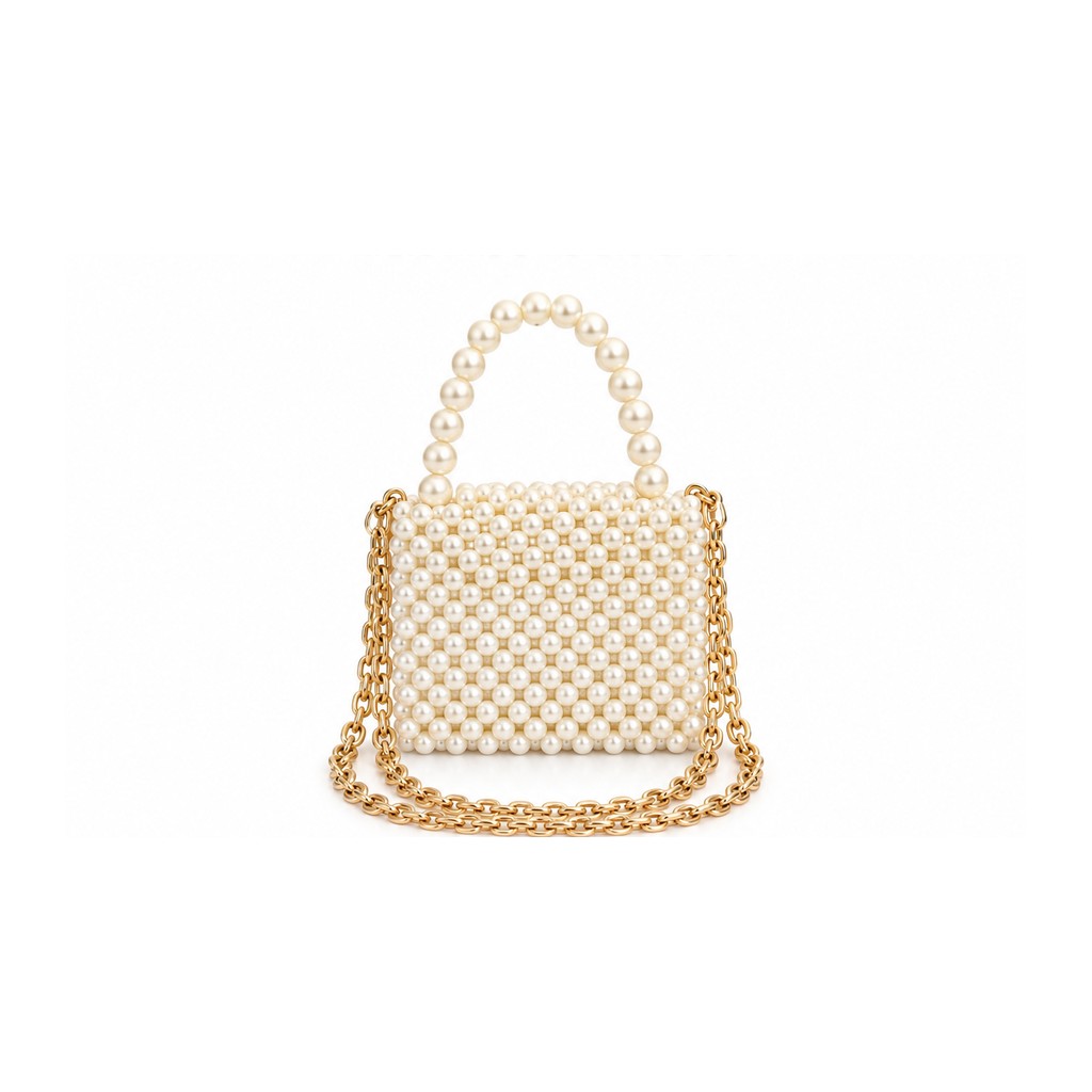 Ivory Pearl Bag with Top Handle & Chain Strap – 2-in-1 Purse/Shoulder Bag