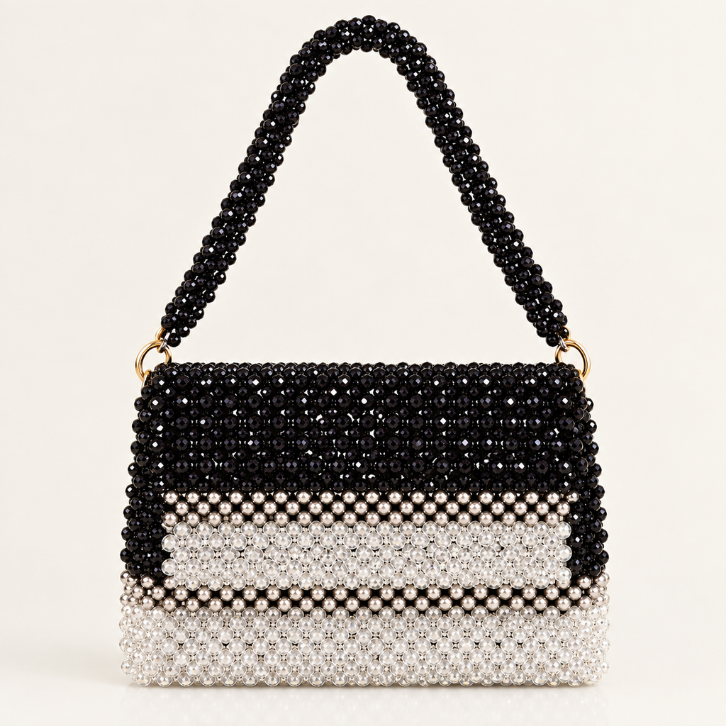 Custom Black & White Beaded Shoulder Bag