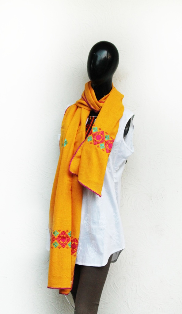 Yellow stole with phulkari hand embroidery