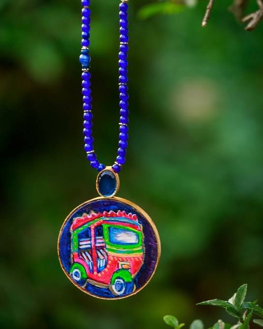 Gulaabo Rikshaw | Hand-painted Pendant with Beads String | Necklace