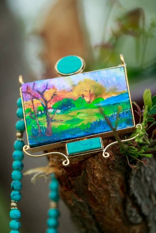 Landscape | Hand-painted Pendant with Beads String | Necklace