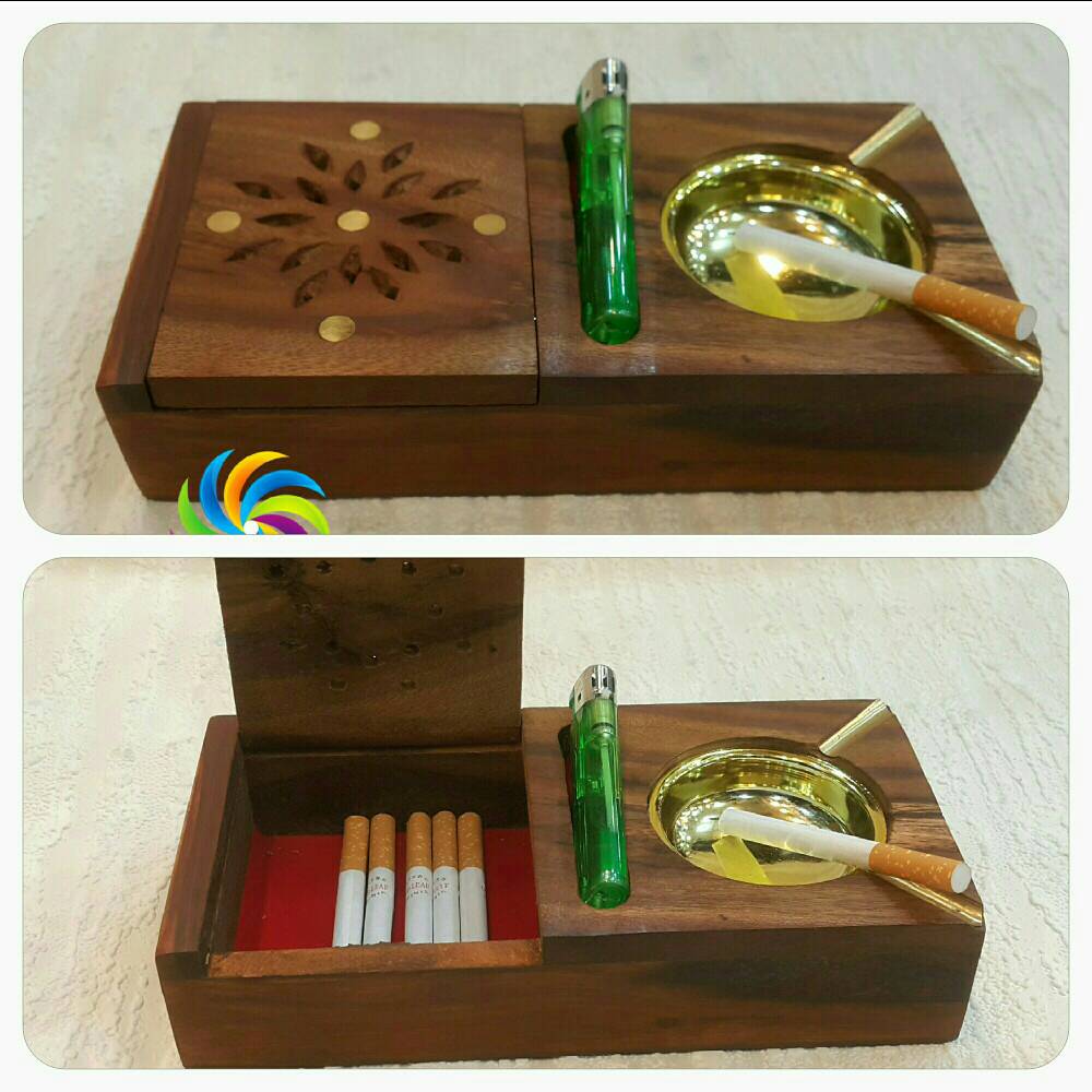 Wooden Ashtray with Brass Inlay and Cigarette Storage