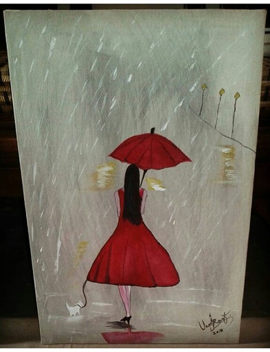 [PK3165-AR-PAI-009528] A Girl Walking in the Rain Painting on Canvas