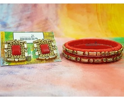 [PK3312-JW-BNG-012208] Shahi Red Kundan Earrings and Bangles