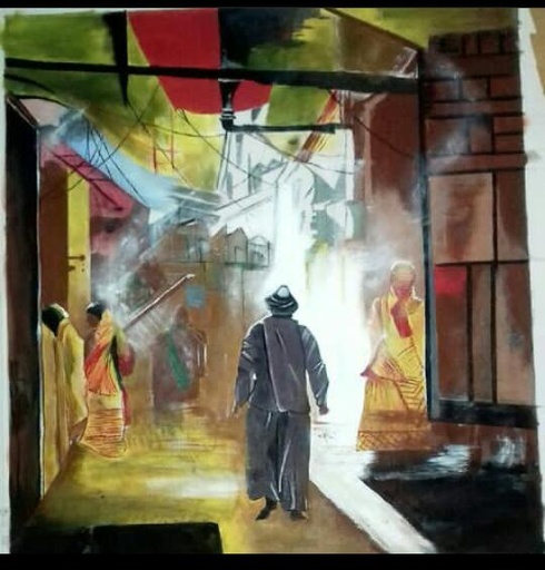 [PK4214-AR-ACR-012752] Handmade village bazar painting