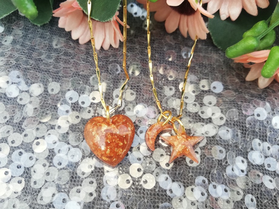 Copper Gold Flake Crescent Star Pendant