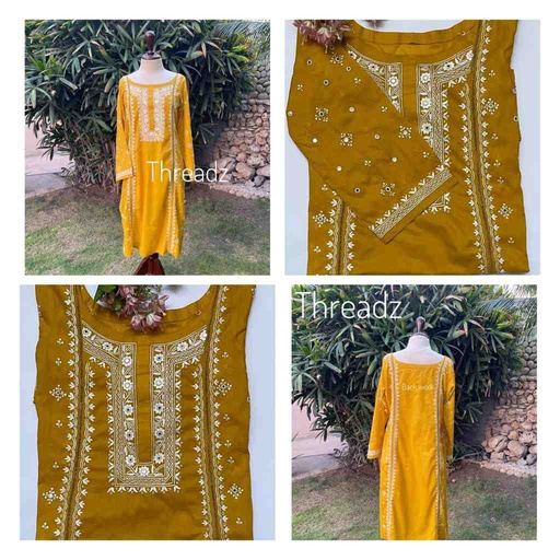 [PK2242-CW-UNS-017276] Hand-Embroidered Shirt with Satin Stitch and Mirror Work
