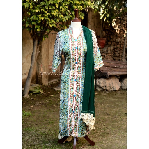 [PK6405-CW-PRT-019144] Silk Embroidered Shirt with Crepe Dupatta