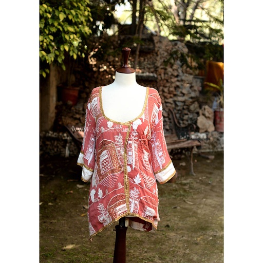 [PK6405-CW-PRT-019145] Embroidered Pink Silk Shirt