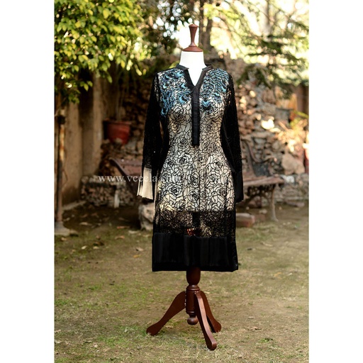 [PK6405-CW-PRT-019155] Embroidered Black Net Shirt