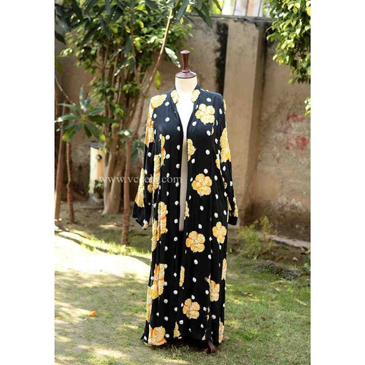 [PK6405-CW-JAC-019186] Digital Printed Black Long Coat 