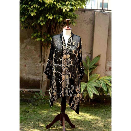 [PK6405-CW-JAC-019193] Black Deep Chiffon Embroidery Work Coat 