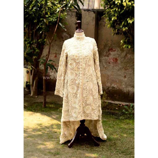 [PK6405-CW-JAC-019220] Embroidered Off White Long Coat 