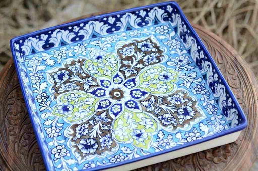 [PK0363-HM-TRY-026063] Blue Pottery Square Shape Serving Tray