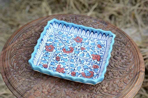 [PK0363-HM-TRY-026080] Blue Pottery Square Shape Serving Tray