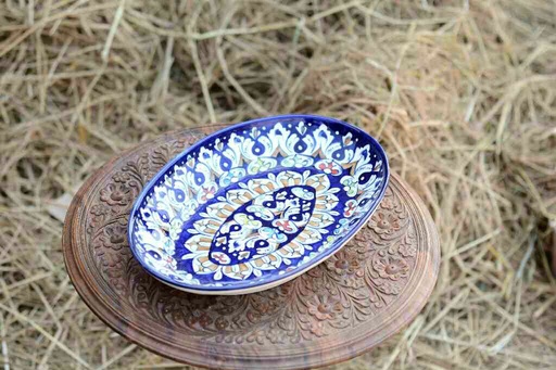 [PK0363-HM-TRY-026116] Blue Pottery Oval Shape Rice Tray