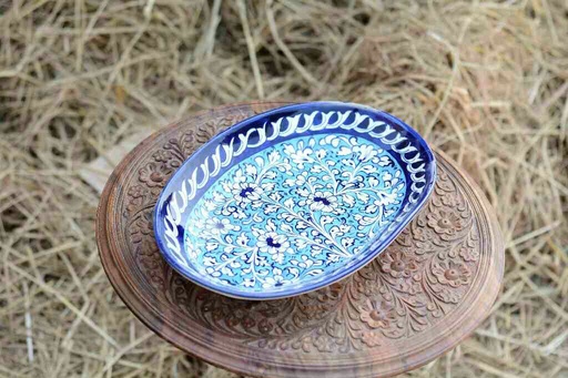 [PK0363-HM-TRY-026117] Blue Pottery Oval Shape Rice Tray