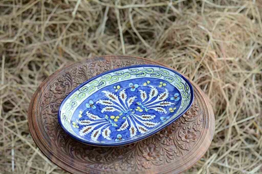 [PK0363-HM-TRY-026118] Blue Pottery Oval Shape Rice Tray