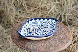 [PK0363-HM-TRY-026129] Blue Pottery Oval Shape Rice Tray