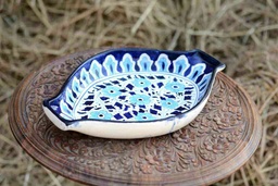 [PK0363-HM-TRY-026130] Blue Pottery Oval Shape Rice Tray