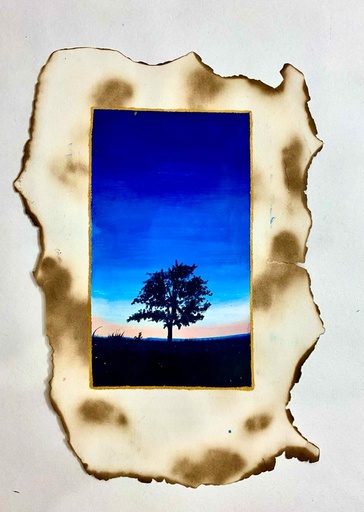 [PK8392-AR-ACR-028396] Vintage Acrylic Painting: Tree Silhouette at Sunset on Burnt Paper