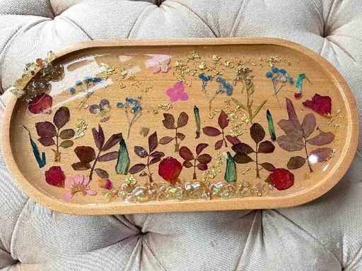 [PK5792-HM-TRY-029580] Beechwood Tray with Real Pressed Flowers ,Leaves  and Resin Coating