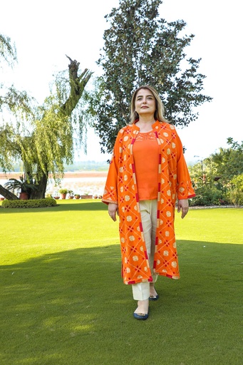 [50-G-23] Tangerine - Pashmina Emroidered Gown