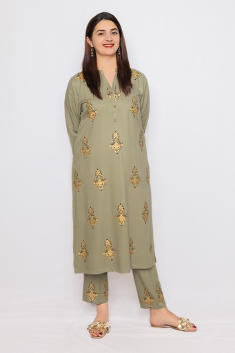 [2-KP-25] Olive And Golden Blockprint Suit