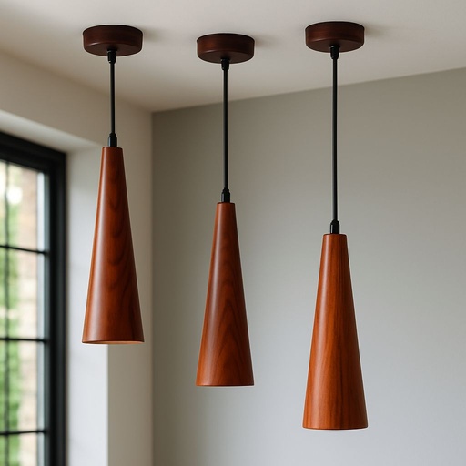 Pendant Hanging Lamp 3/pcs Set – Handcrafted Sheesham Wood – Modern Ceiling Light – SMD Light – Home & Café Décor Cone Shape Beautiful Lamp, Cafe Decor Light