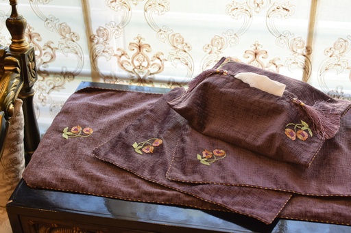 [VC-EG-JS-10] JS-10 Plum Jacquard Runner, Mats and Tissue Box Cover Set