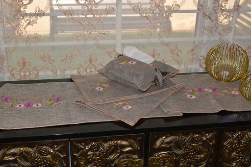 [VC-EG-JS-11] JS-11 Brown Jute Runner, Mats and Tissue Box Cover Set