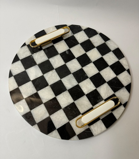[VC-NUQ-NQMFLOG14] Round Checkered Serving Tray With White & Gold Handles