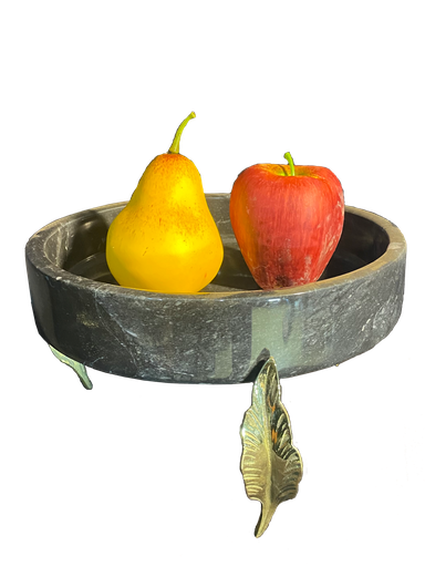 [VC-LAH-052] Marble Bowl Flat With Brass Stand - (25 Cm)