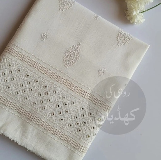 [VC-RK00003] Ivory White Hand-Embroidered Winter Ensemble with Tarkashi and Mirror Work – 2 Piece Unstitched