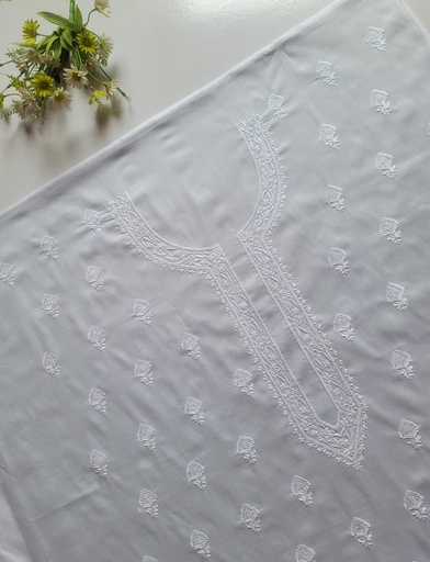 [VC-RK00035] White Unstitched Hand-Embroidered Lawn Shirt – Dyeable, Front, Back & Sleeves Embroidery